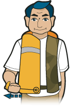 Diagram illustrating how to pull on the inflatable life vest cord