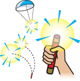 Parachute flare, multi-star flare and handheld flare being discharged.