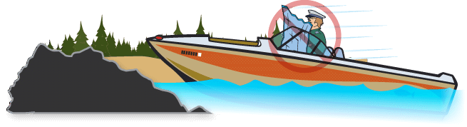 Vessel operator in boat reading map and not paying attention, surrounded by a prohibited circle.