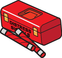 Red container marked with the words DISTRESS SIGNALS.