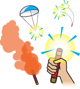 Parachute flare, multi-star flare and handheld flare being  discharged.