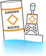 Non-lateral marker and a bouy labelled with DANGER ROCKS and an orange diamond.