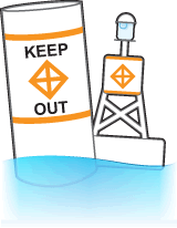Non-lateral marker and a bouy labelled with KEEP OUT and an orange keep-out diamond.