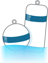 Mooring markers with a blue horizontal bands.