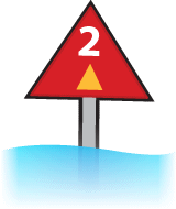 Red waterway marker with a yellow triangle and the number 2.